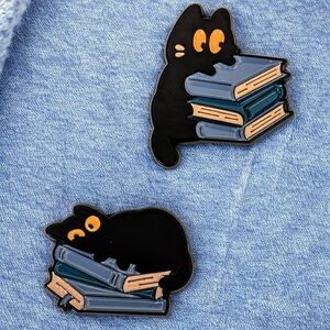Black Cats With Books Enamel Pin Set